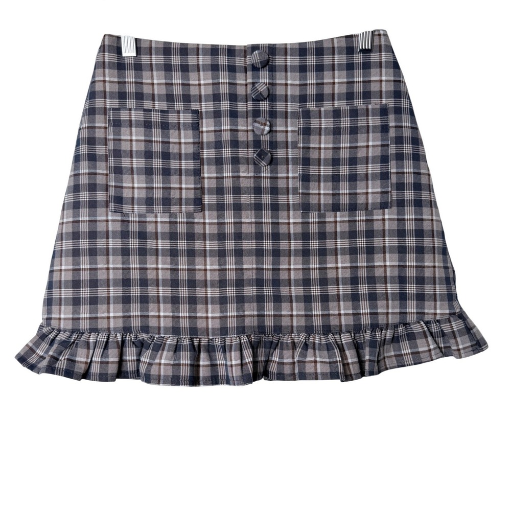 Mooyen Plaid Mini Skirt M Gray Brown School Girl Y2K Academia Ruffle Hem Butt